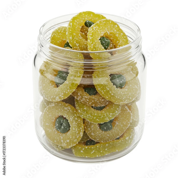 Fototapeta Jar of sugary, green candy rings with dark green centers isolated on white background