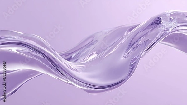 Fototapeta Translucent wave made of liquid shiny glass on pastel lavender background. Abstract brutalism realistic composition.