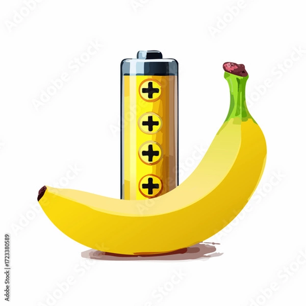 Fototapeta Banan i w pełni naładowana bateria. Koncepcja naturalnej energii, zdrowego paliwa i zastrzyku mocy.