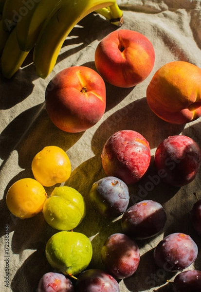 Obraz Ripe, Bright Peaches and Plums on the Table