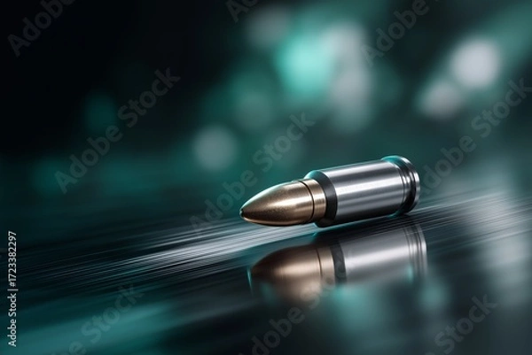 Fototapeta Silver bullet in dynamic motion, showcasing sleek metallic design and reflective surface, captured in slow motion with vibrant colors and blurred background for dramatic effect