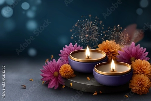 Fototapeta Vector illustration of Diwali festival banner featuring vibrant flowers, decorative candles, and colorful fireworks, creating a festive atmosphere with copy space for text