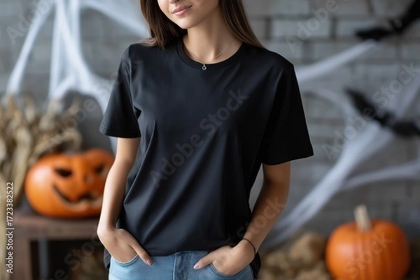 Fototapeta Woman in plain black t-shirt stands confidently in a studio with Halloween decorations, showcasing a vibrant atmosphere filled with pumpkins and cobwebs, perfect for seasonal themes
