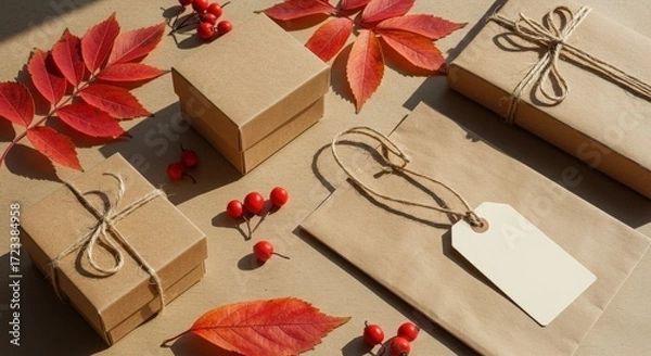 Fototapeta Warm Autumn Gifts on Brown Background with Fall Leaves and Berries