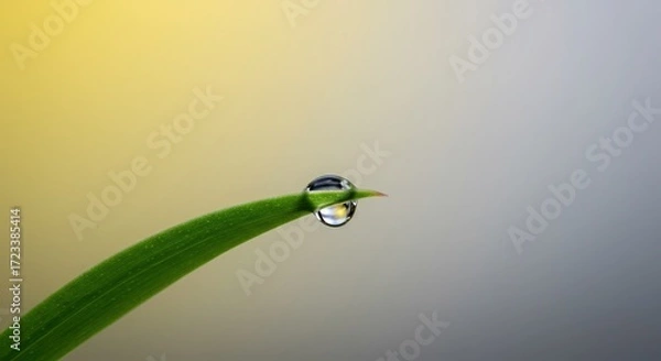 Fototapeta Water Droplet on Leaf Tip Reflecting Soft Background Colors