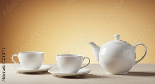 Fototapeta Elegant White Teapot and Two Cups on Soft Background