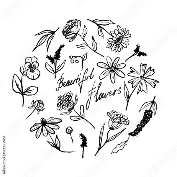 Fototapeta Hand drawn flowers in round shape. Vector sketch illustration in vintage crayon style. Floral logo design, print. Clothes element. Garden symbol, daisy, lavender, tulip, rose