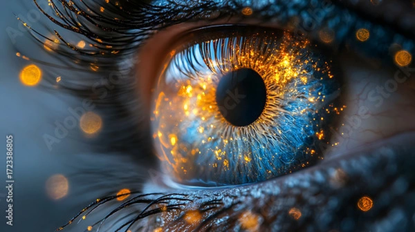 Fototapeta Close-up of divine bird eye reflecting cosmic light and celestial patterns 