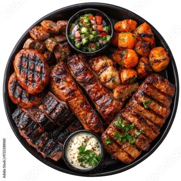 Fototapeta Culinary Delights: A tantalizing, top-down shot of a mixed grill platter, showcasing a feast of meticulously grilled meats, vegetables, and vibrant dips, inviting indulgence.