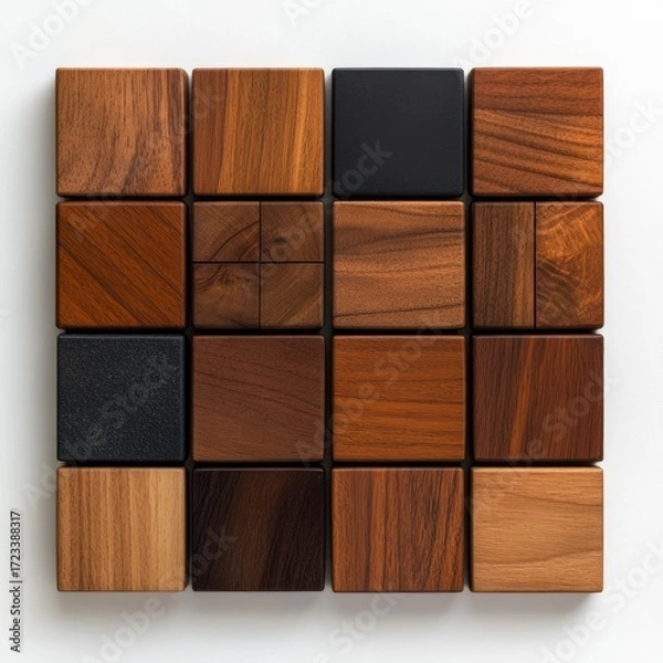 Fototapeta Wooden Blocks: A harmonious arrangement of diverse wooden blocks showcasing rich textures, and intricate grain patterns. A study in contrast and design.