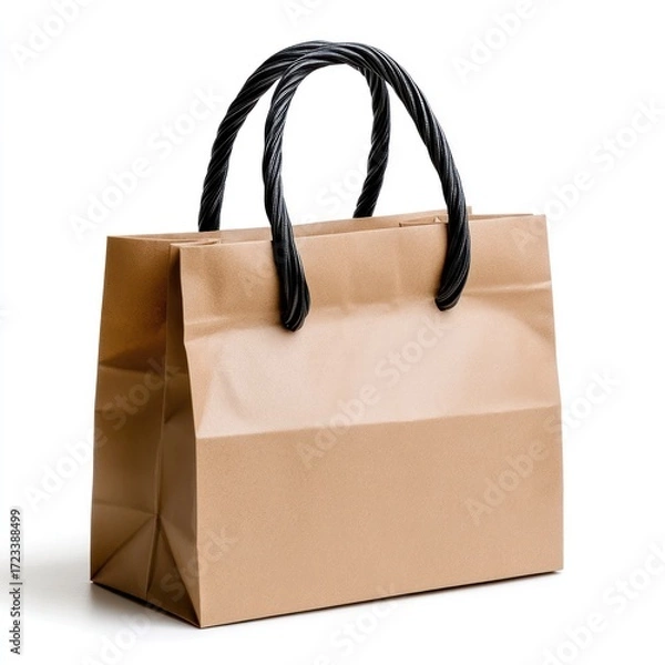 Fototapeta Paper Shopping Bag: An elegant, eco-friendly paper shopping bag with a minimalist aesthetic, emphasizing practicality, durability, and style, is designed with a braided handle.
