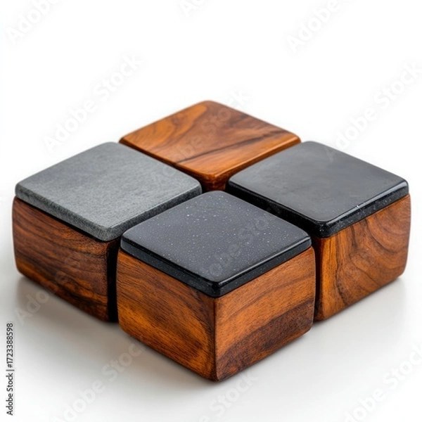 Fototapeta Artisan Boxes: An arrangement of beautifully crafted, square wooden boxes with contrasting tops, showcasing the elegance of minimalism and the beauty of handcrafted design.