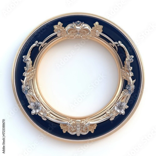 Fototapeta Elegant Ornamental Frame: A meticulously crafted, circular frame with an ornate design, featuring delicate gold detailing and a deep navy blue border, perfect for showcasing art.