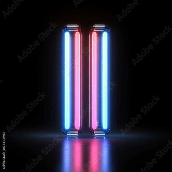 Fototapeta Illuminated Pause Symbol: Two luminous neon light bars merge to create a vibrant pause symbol, emanating a futuristic atmosphere, and creating a stunning visual of technology and design.