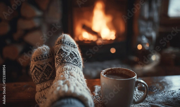 Fototapeta Cozy Evening by Fireplace with Cocoa and Warm Socks