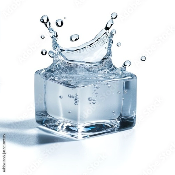 Fototapeta Cube of Crystal: A crystal-clear cube, a symbol of purity, holds water, which then dances in an artful splash of water droplet. evoking tranquility and serenity.