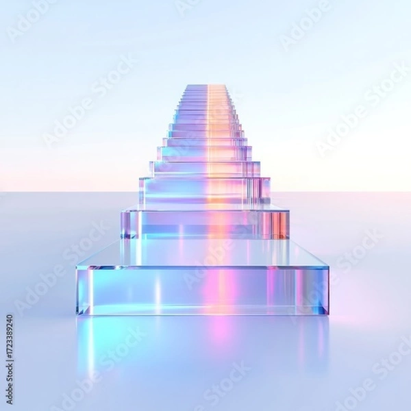 Fototapeta Steps to Success: Captivating perspective of a glass staircase, ascending into an ethereal gradient sky, symbolizing ambition and progress in a vivid display of color and light.