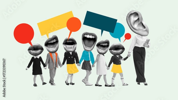 Fototapeta Colorful collage of children with giant mouth heads and teacher with ear head holding hands with speech bubbles. Concept of education, communication, social projects, and active group learning.