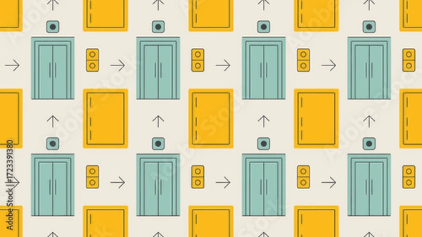 Fototapeta Repeating pattern featuring stylized elevator doors, buttons, and directional arrows on a light background