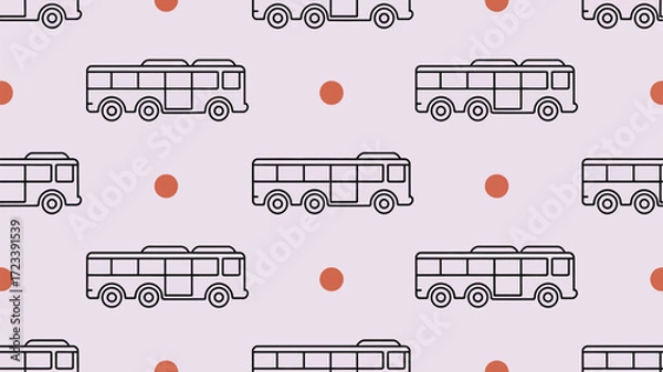 Fototapeta A repeating pattern of black outline buses and orange dots on a light purple background design element