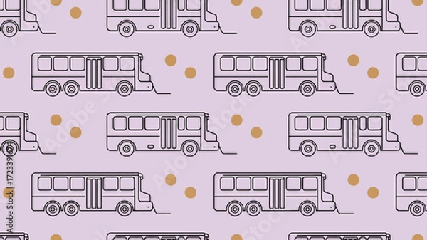 Fototapeta A repeating pattern of outlined buses with gold polka dots on a light purple colored background design