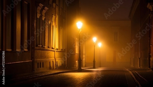 Obraz Streetlights illuminate a foggy cobblestone street at night