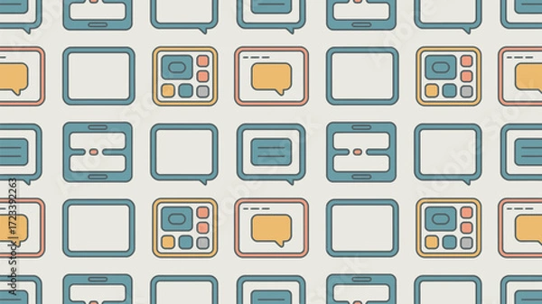 Fototapeta Seamless pattern of stylized tablets and speech bubbles in pastel colors on a light background