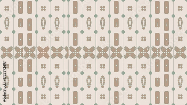 Fototapeta Beige and gray patterned tile design with floral shapes footprints and rectangles in a repeating pattern