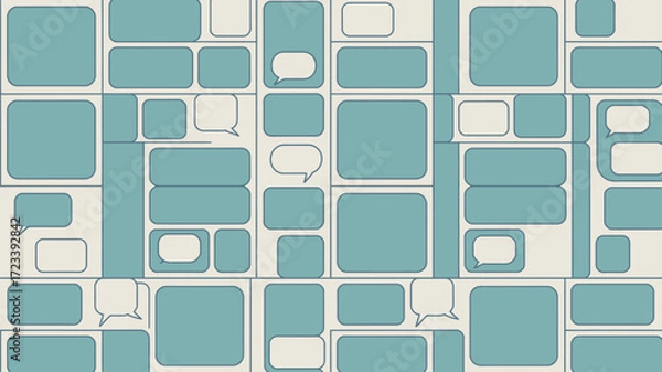Fototapeta A comic strip layout with blue boxes and white speech bubbles in a seamless repeating pattern design style
