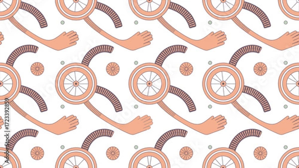 Fototapeta Repeating pattern featuring stylized wheels arms and hands in a peach and brown color scheme on white background