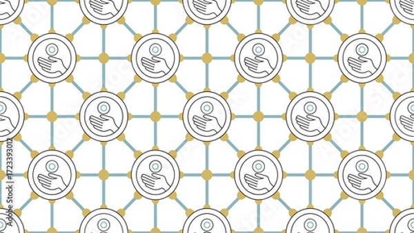 Fototapeta Repeated pattern of hands holding coins within circles connected by lines and dots on a white background