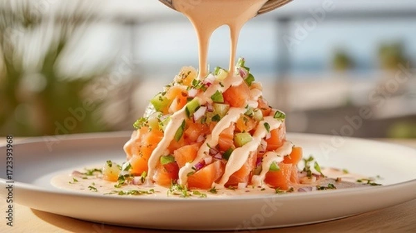 Fototapeta Delicious salmon salad with creamy sauce drizzled over diced fish and vegetables, presented on a white plate with a blurred outdoor background.