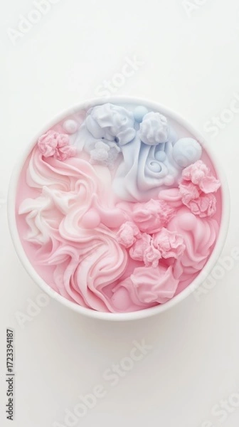 Fototapeta Whimsical dessert swirls with delicate textures, a playful combination of pink and blue, presented in a simple white bowl, showcasing modern culinary creativity.
