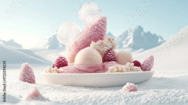 Fototapeta Delicate pink dessert with raspberries and pearls presented on a white plate in a surreal frozen landscape with soft snow mounds and distant peaks.