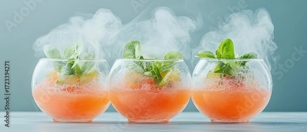 Fototapeta Three clear glasses with vibrant orange liquid and mint leaves creating smoke effect, modern drink presentation
