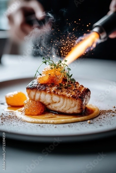 Fototapeta Chef caramelizes delicate fish fillet with citrus garnish using cooking torch, creating fine dining experience.