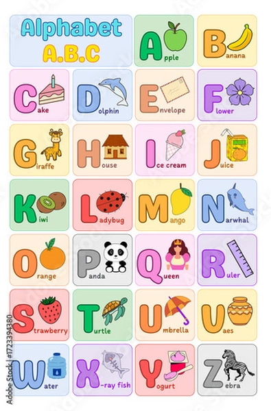 Fototapeta Alphabet for kids to learn alphabet letters with cute illustrations.	