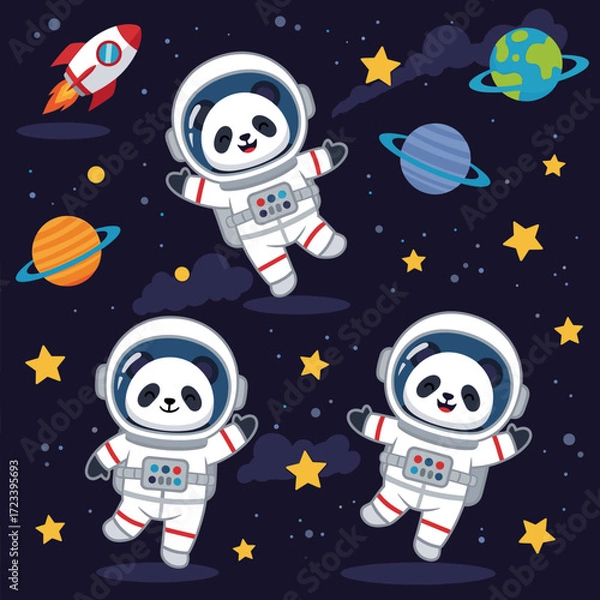 Fototapeta Adorable astronaut pandas exploring space with planets stars and a rocket