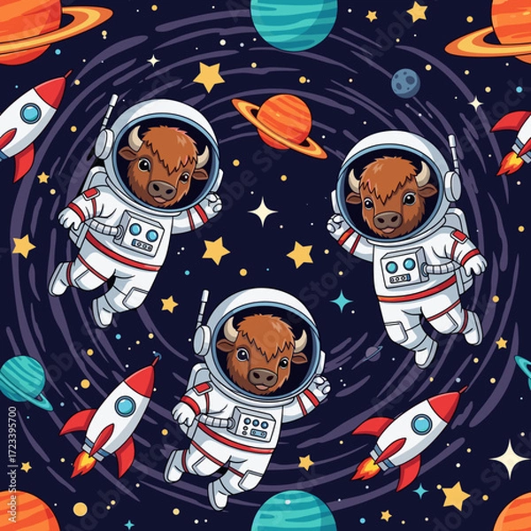 Fototapeta Cute cartoon bison astronauts exploring a vibrant galaxy with planets and rockets Childhood fun