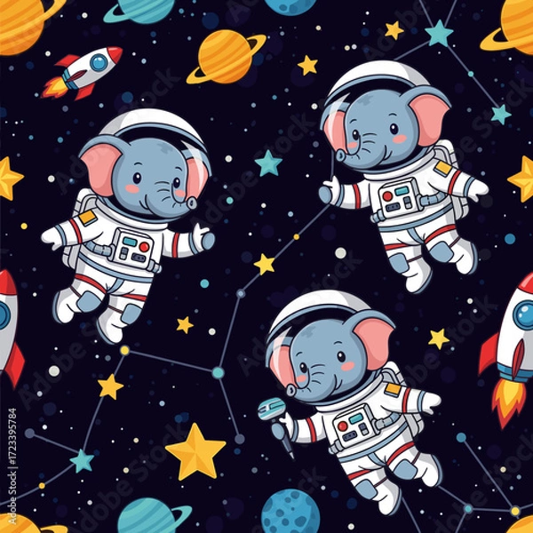 Fototapeta Adorable astronaut elephants exploring the cosmos among planets and stars Fun kids design
