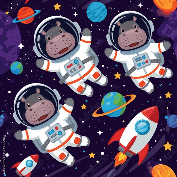 Fototapeta Playful hippo astronauts explore the vibrant cosmos with planets stars and rockets