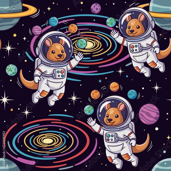 Fototapeta Cute cartoon kangaroos in astronaut suits explore a vibrant whimsical galaxy with colorful planets and stars