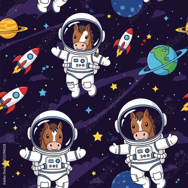 Fototapeta Cute cartoon astronaut horses exploring space Fun seamless pattern for kids design and adventure