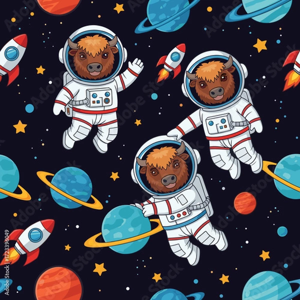 Fototapeta Playful bison astronauts explore space with colorful planets and rockets Ideal for kids designs