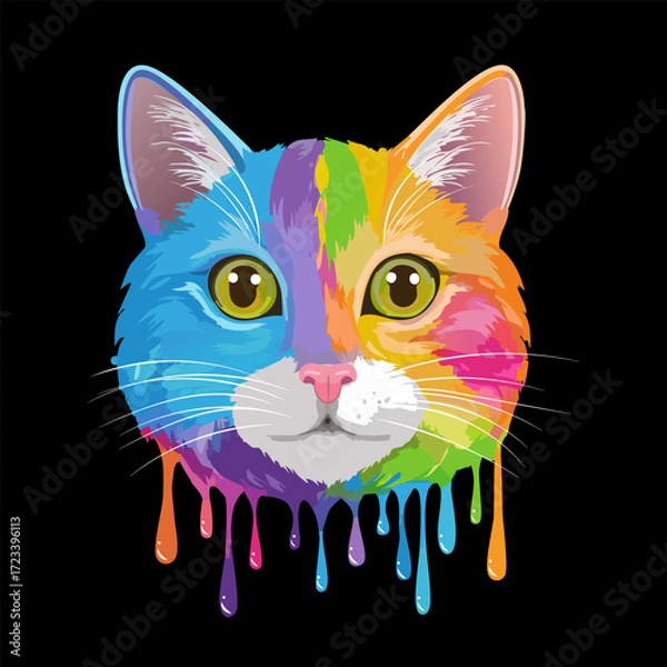 Fototapeta Portrait of a cat in multi-colored paint.Vector portrait of a cat made of multi-colored dripping paint on a black background.