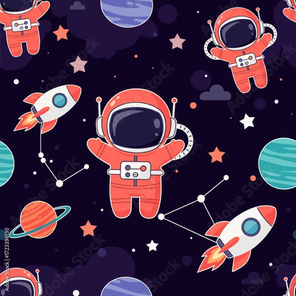 Fototapeta Whimsical space adventure seamless pattern with astronauts rockets planets and stars Kids design concept