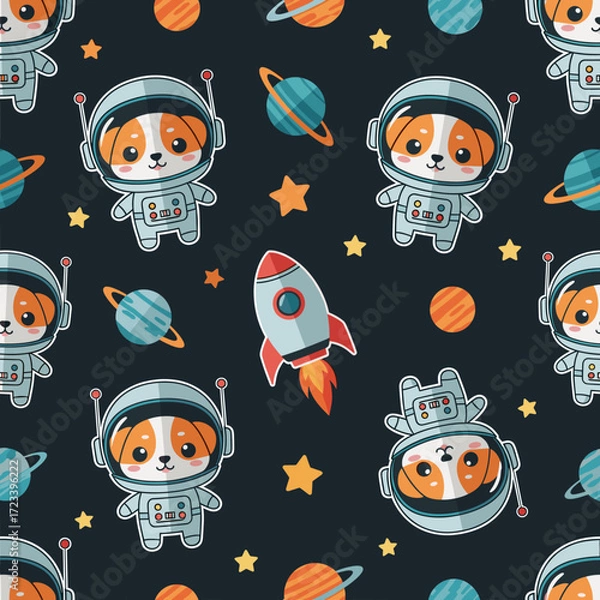 Fototapeta Playful astronaut dogs rockets and planets in a seamless space pattern for kids
