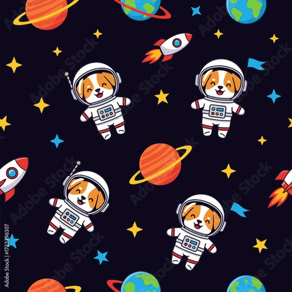 Fototapeta Cute cartoon dogs in astronaut suits floating in space with planets rockets and stars Fun kids design
