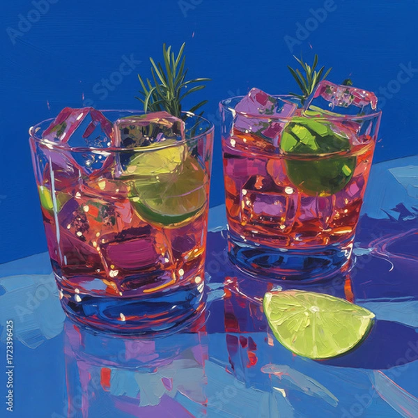 Fototapeta A vibrant, artistic illustration of two refreshing pink cocktails with ice, lime, and rosemary against a bold blue background. Summer party concept.