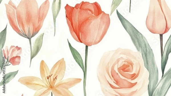 Obraz Delicate watercolor floral arrangement featuring pastel tulips, roses, and lilies